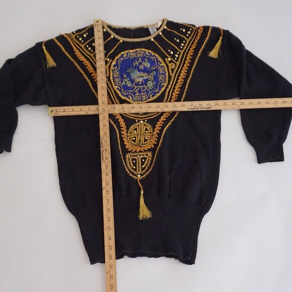 Vintage Bonnie And Company Black Beaded Cotton Knit Sweater Old Money Boho L - Picture 2 of 10
